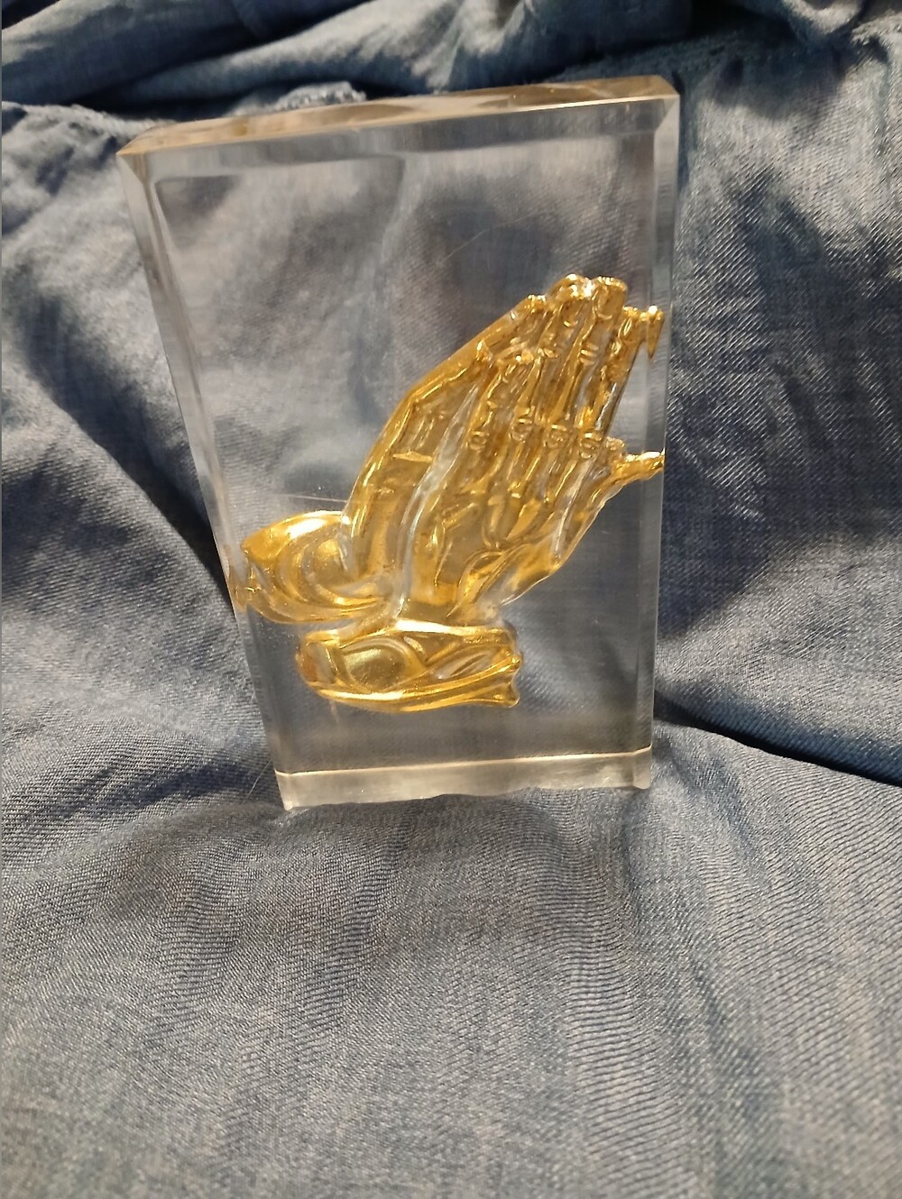 Vintage Lucite Praying Hands Paper Weight Or Home Decor Beveled Edges USA